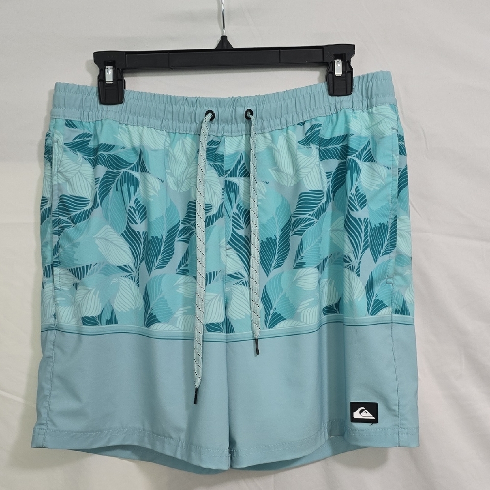 Quiksilver Mens Med Light Blue Leaf-Print Swim Trunks